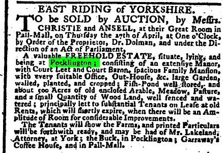 sale of pocklington manor 1780